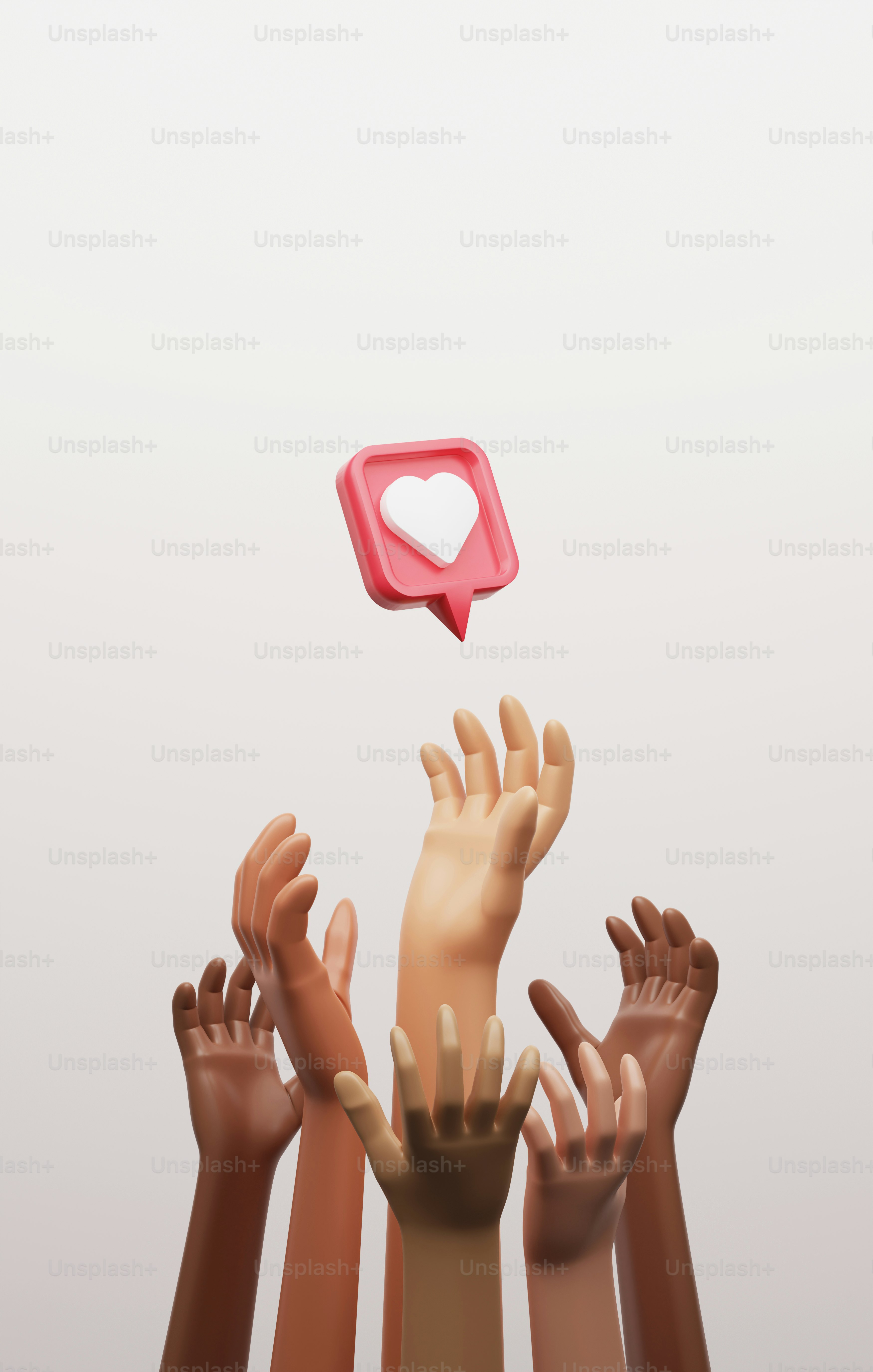 Multi-ethnic group reaches out to heart icon on red pin<br />
Fame Competition and acceptance on social media. 3D render illustration.